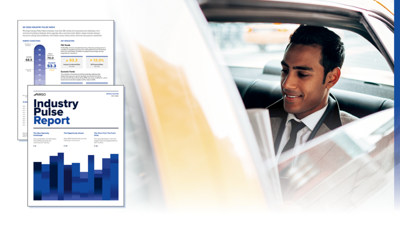 Cover and index page of the 2026 Argo Industry Pulse Report beside a smiling businessman reading in the back seat of a taxi.